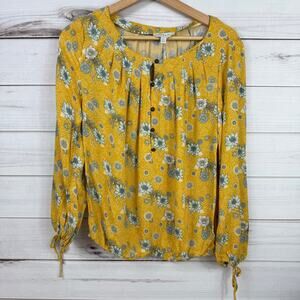 Lucky Brand Women's Yellow Floral‎ Boho Button Front Tie Sleeve Size Small